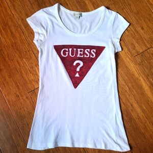 Guess Red Sequin Logo Classic Casual Fitted White T-Shirt